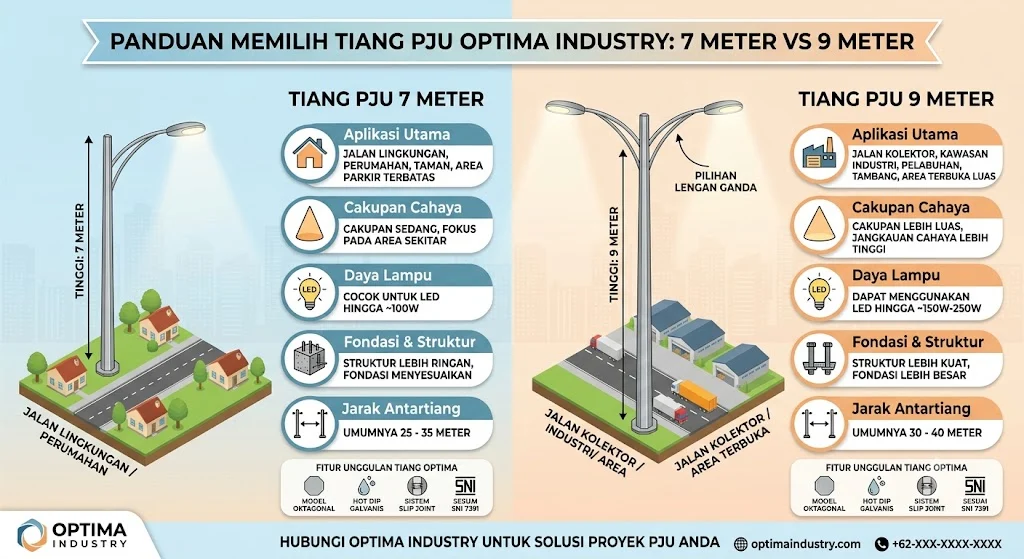 Panduan Memilih Tiang PJU 7 Meter dan 9 Meter untuk Proyek