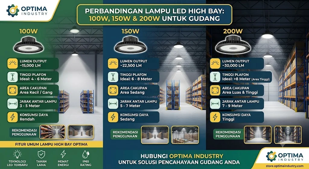 Perbandingan Lampu Highbay 100W, 150W, dan 200W untuk Gudang