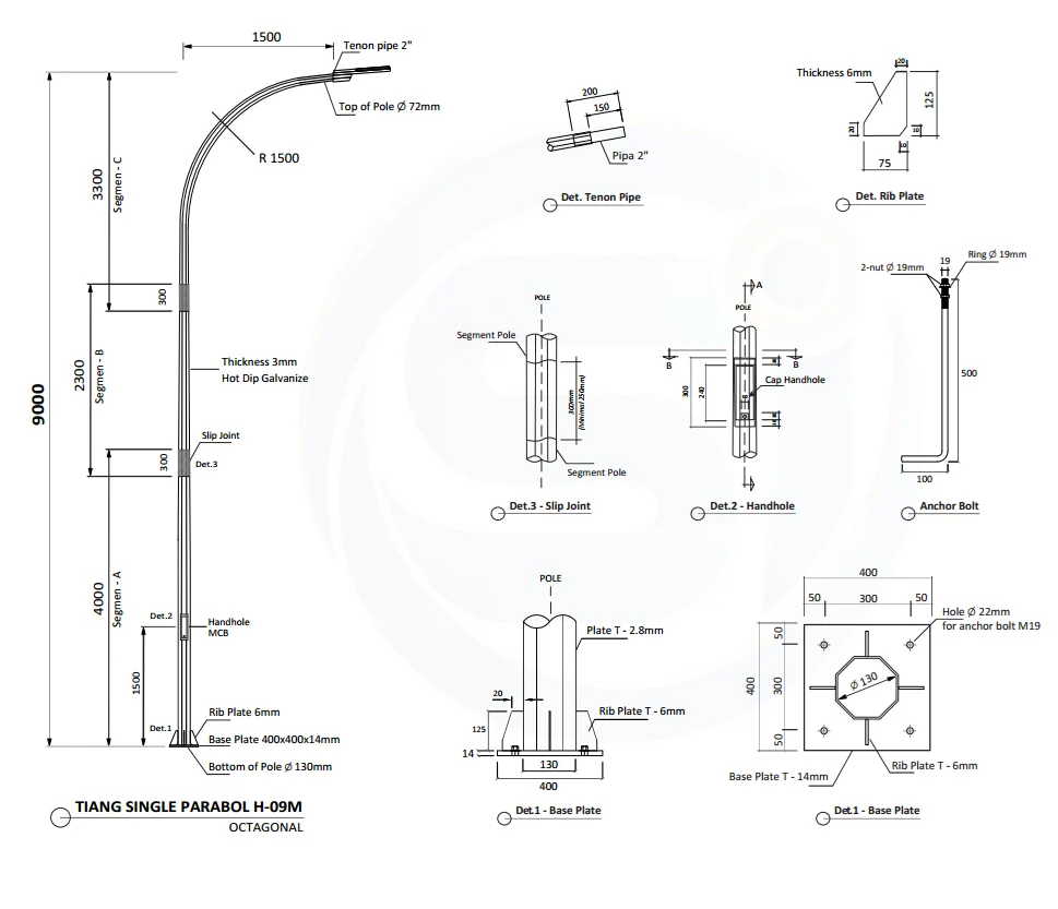 Tiang PJU Oktagonal 9 Meter